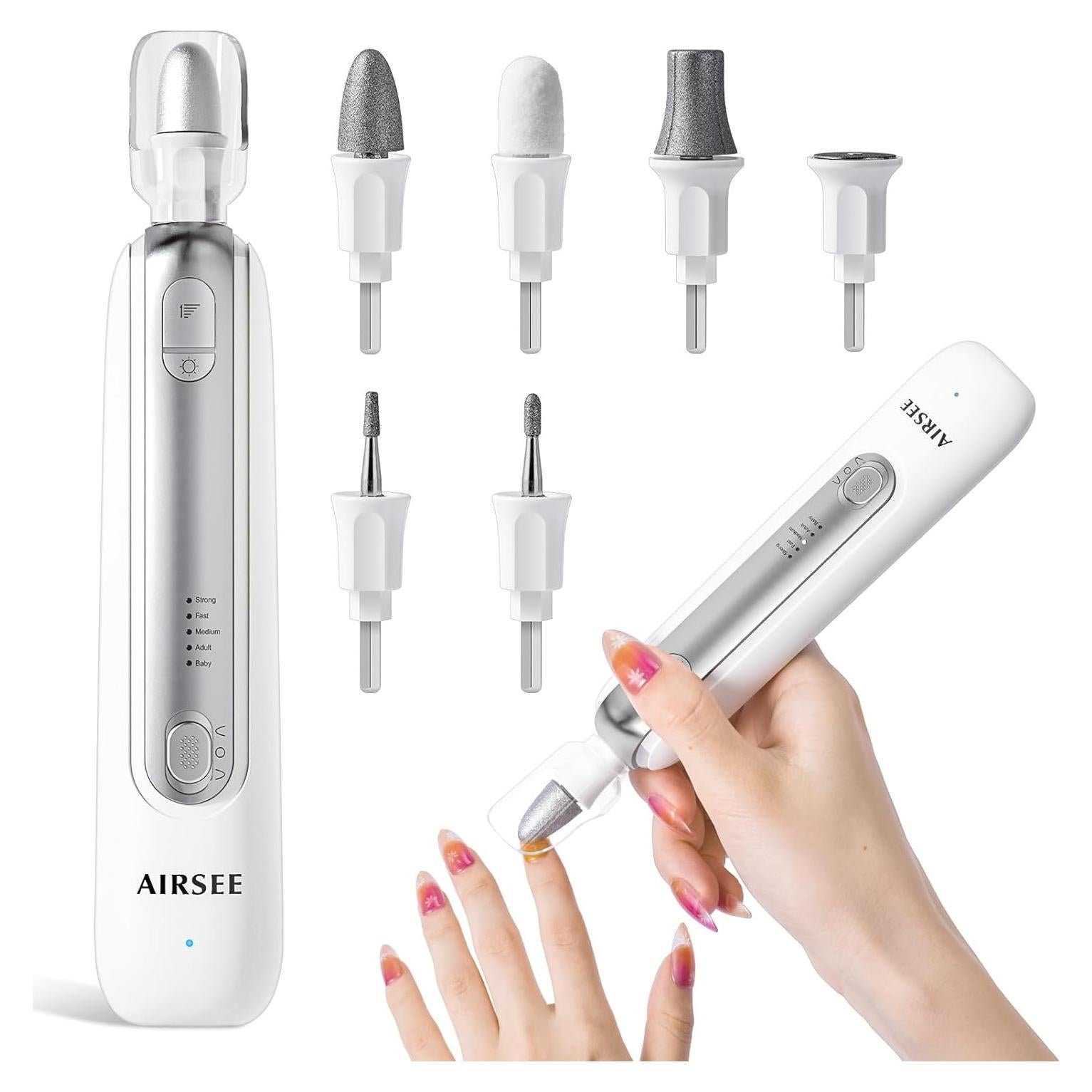 AIRSEE Professional Manicure Pedicure Kit,Cordless 6 in 1 Electric Nail File for feet,5 Speed Rechargeable Pedicure Tools for Thick Nail Toenail Cuticle, Hand Feet Trimmer Buffer for Women Men,White