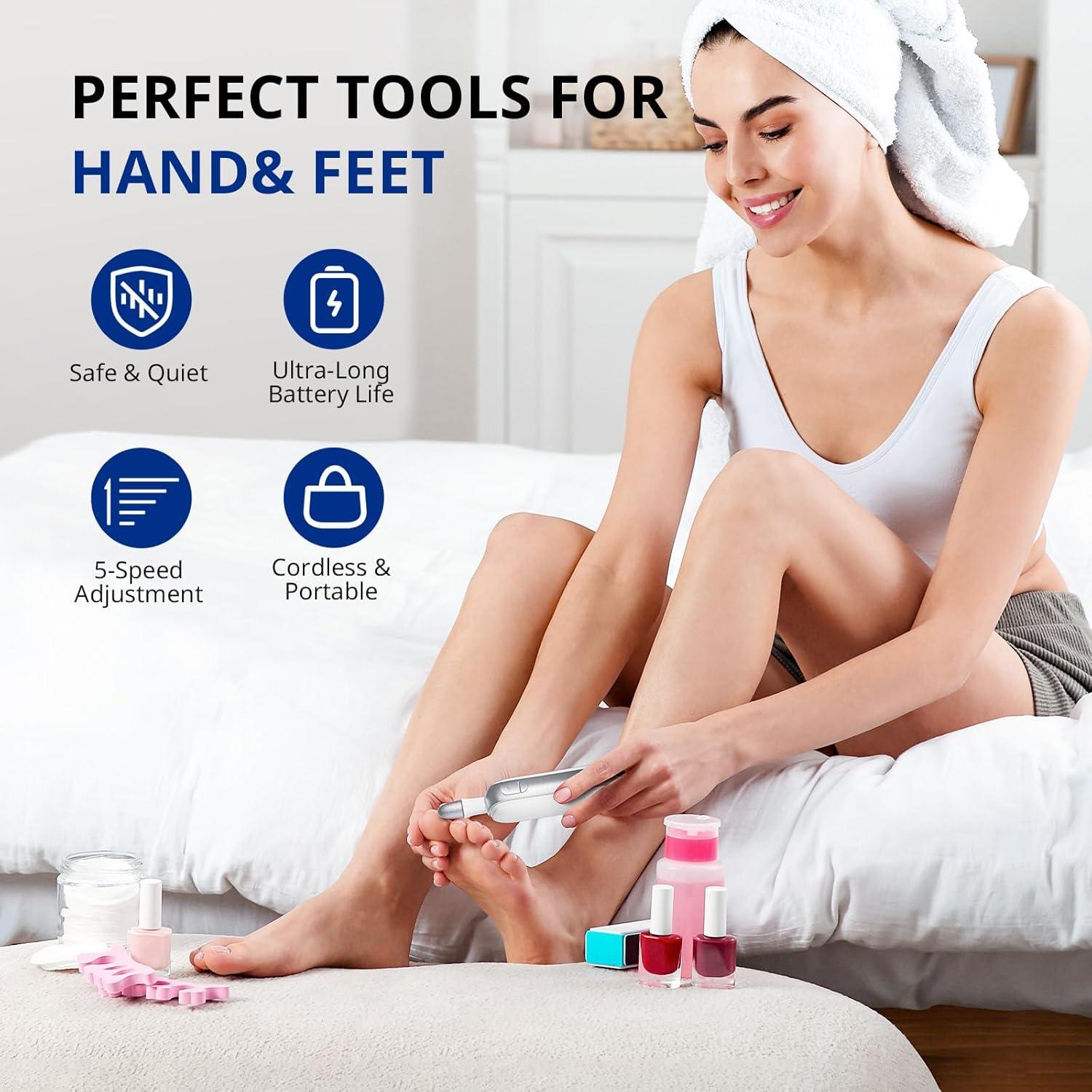 AIRSEE Professional Manicure Pedicure Kit,Cordless 6 in 1 Electric Nail File for feet,5 Speed Rechargeable Pedicure Tools for Thick Nail Toenail Cuticle, Hand Feet Trimmer Buffer for Women Men,White