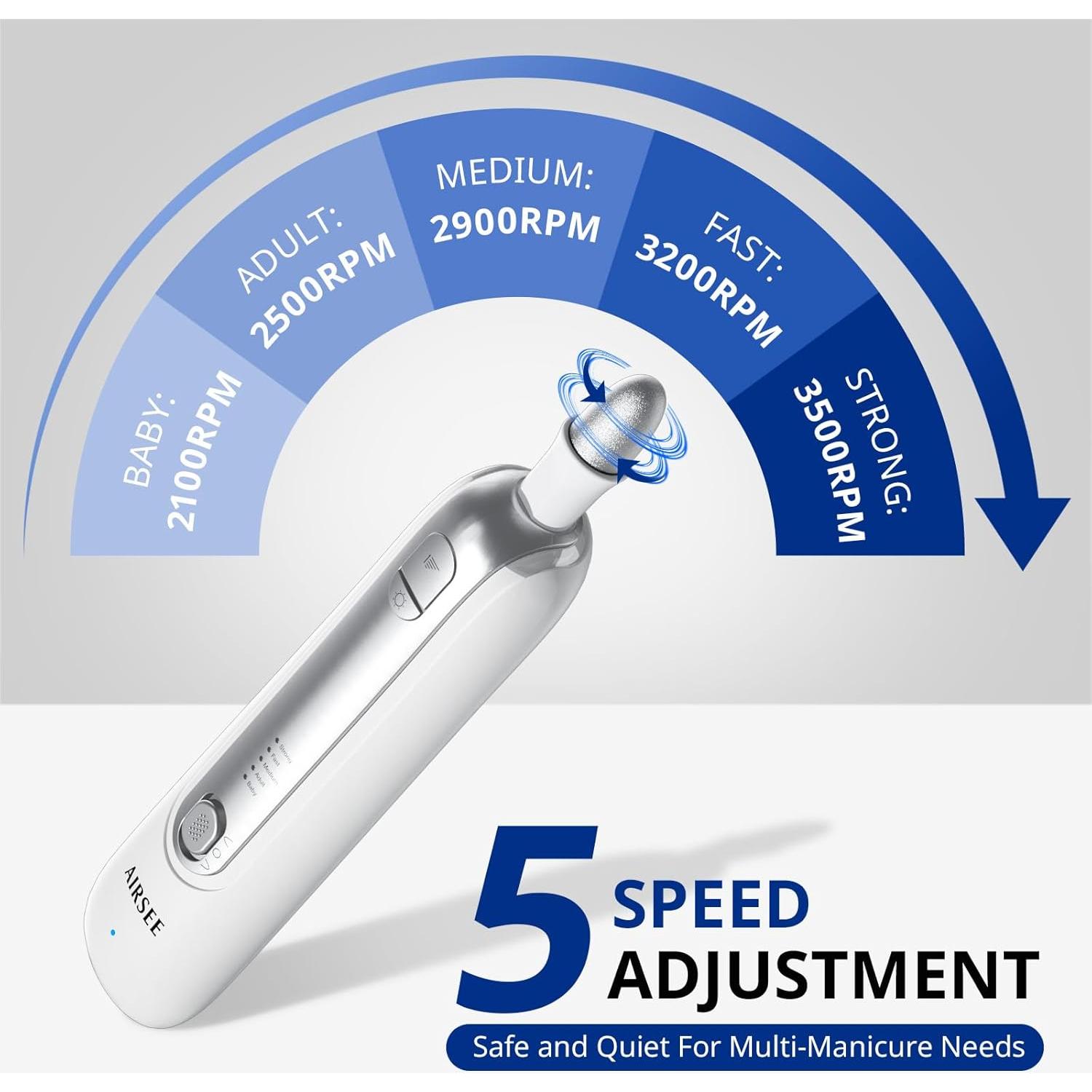 AIRSEE Professional Manicure Pedicure Kit,Cordless 6 in 1 Electric Nail File for feet,5 Speed Rechargeable Pedicure Tools for Thick Nail Toenail Cuticle, Hand Feet Trimmer Buffer for Women Men,White