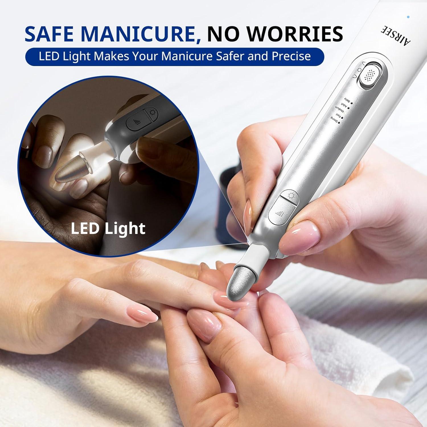 AIRSEE Professional Manicure Pedicure Kit,Cordless 6 in 1 Electric Nail File for feet,5 Speed Rechargeable Pedicure Tools for Thick Nail Toenail Cuticle, Hand Feet Trimmer Buffer for Women Men,White