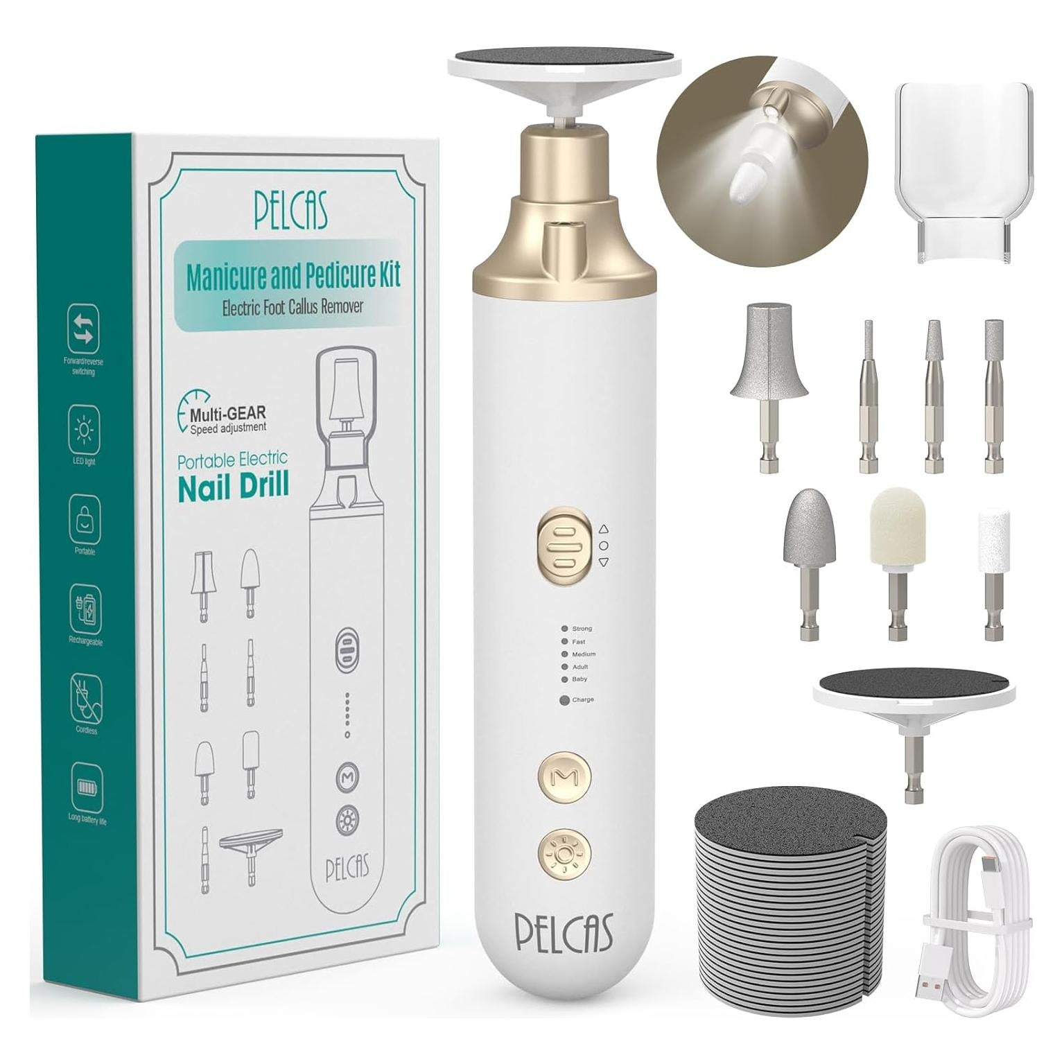 Taladro de Uñas Inalámbrico PELCAS 8 en 1 con Luz LED