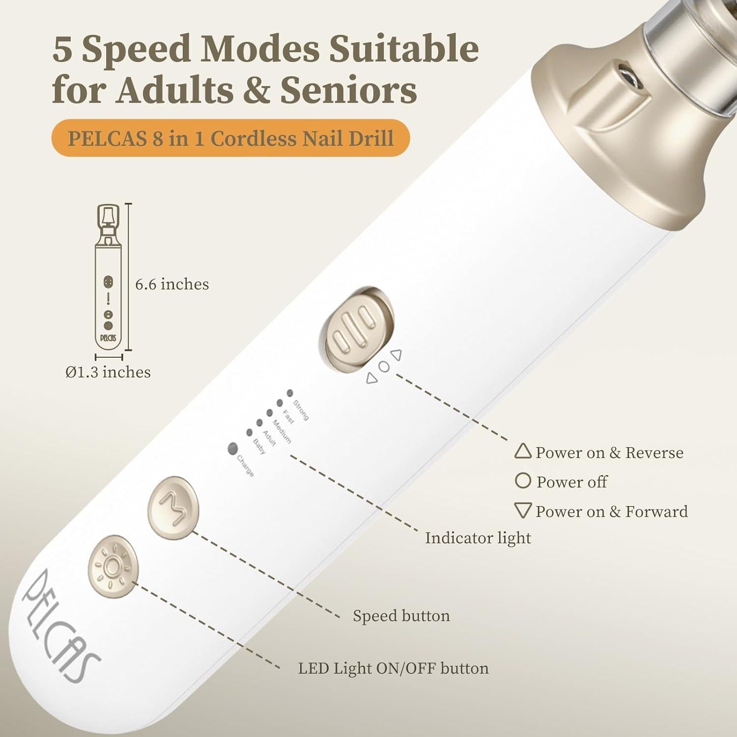 Taladro de Uñas Inalámbrico PELCAS 8 en 1 con Luz LED