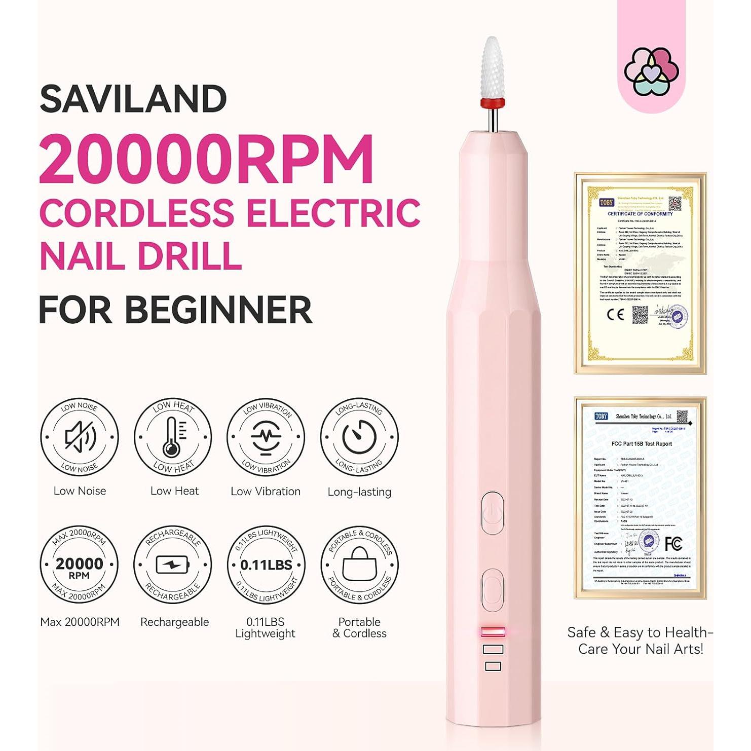 Taladro de Uñas Inalámbrico SAVILAND Rosa 20000RPM Recargable