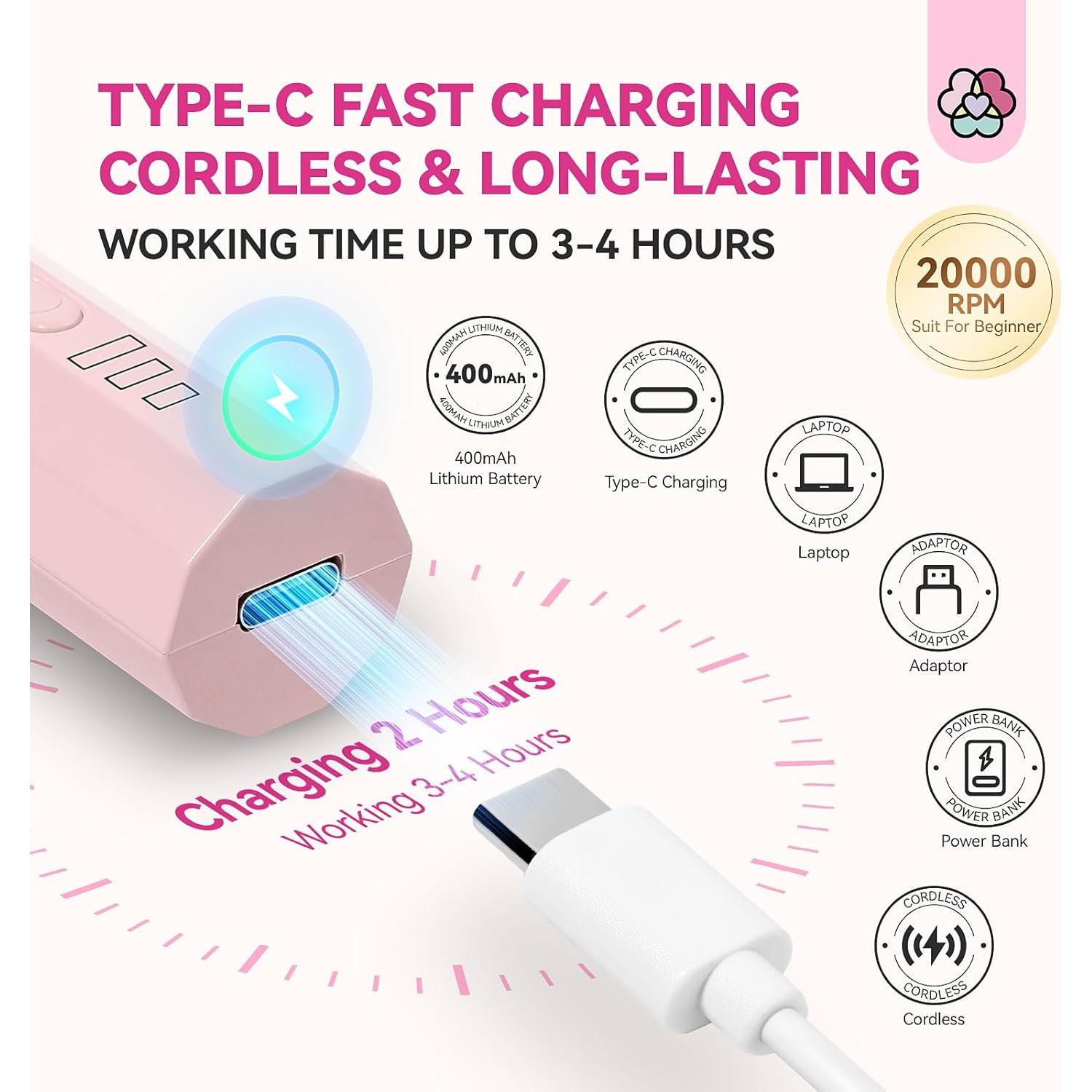 Taladro de Uñas Inalámbrico SAVILAND Rosa 20000RPM Recargable