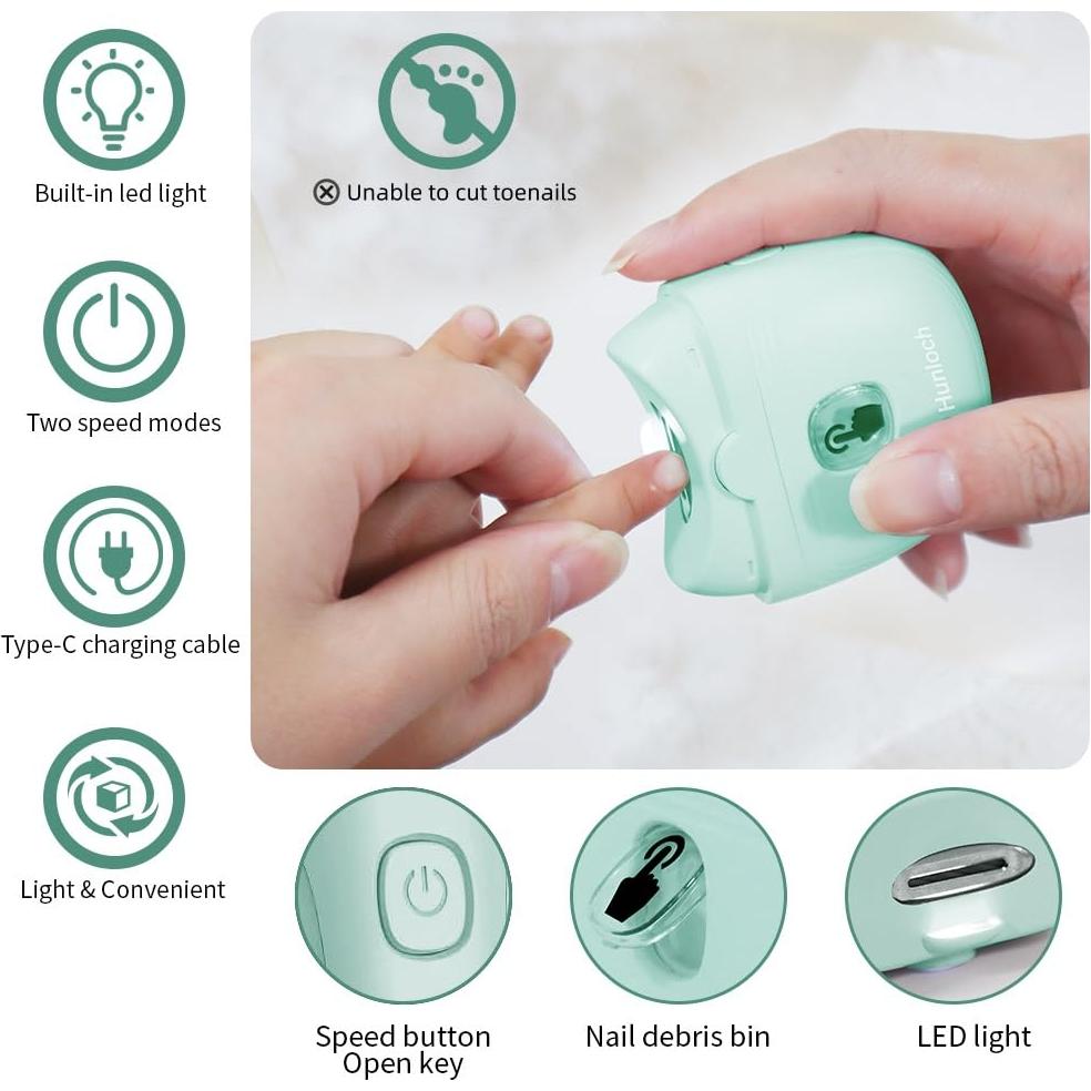 Cortador de Uñas Eléctrico Hunloch Verde, Recargable USB, 3 Velocidades