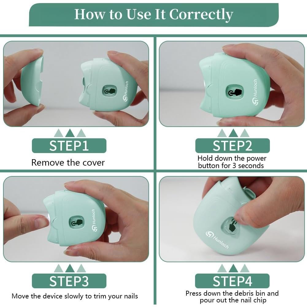 Cortador de Uñas Eléctrico Hunloch Verde, Recargable USB, 3 Velocidades
