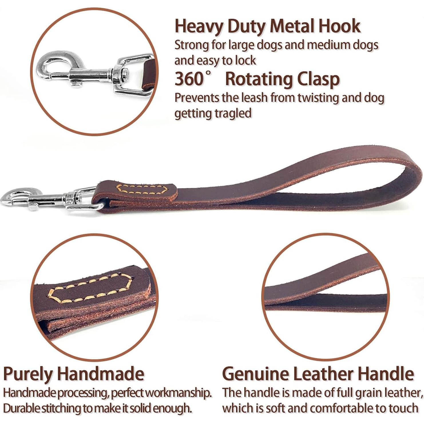 Correa corta de perro HONGSAGE de cuero 30.48 cm con gancho 360°