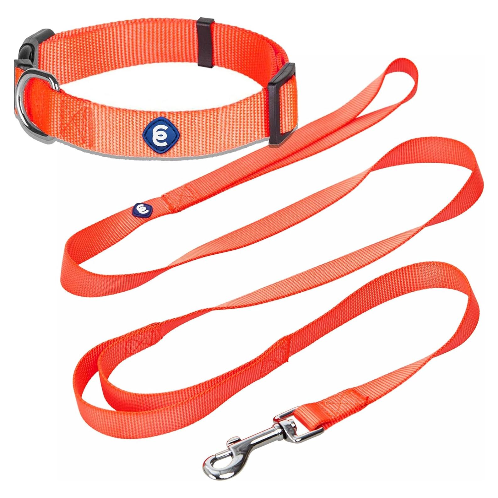Conjunto Collar y Correa Doble Mango Blueberry Pet Mediano Naranja