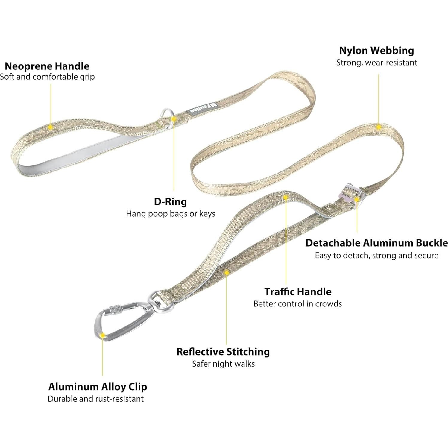 Correa de Perro 3-en-1 Pawtico Oro Champán 1.52m Acolchada