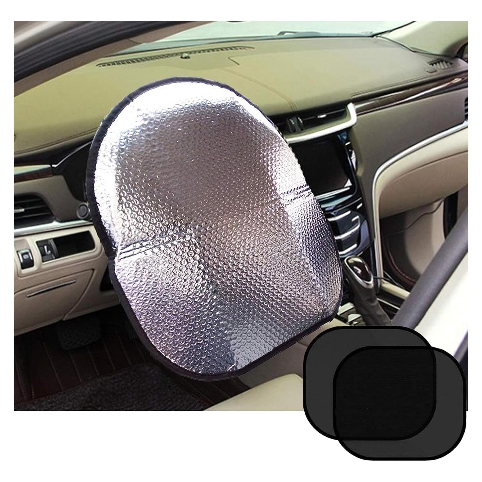 Big Ant Steering Wheel Cover Sun Shade + Bonus Side Window Sunshade-Heat Reflector Fit Most Jumbo/Standard Car-Sliver (20.1"X 17.3")