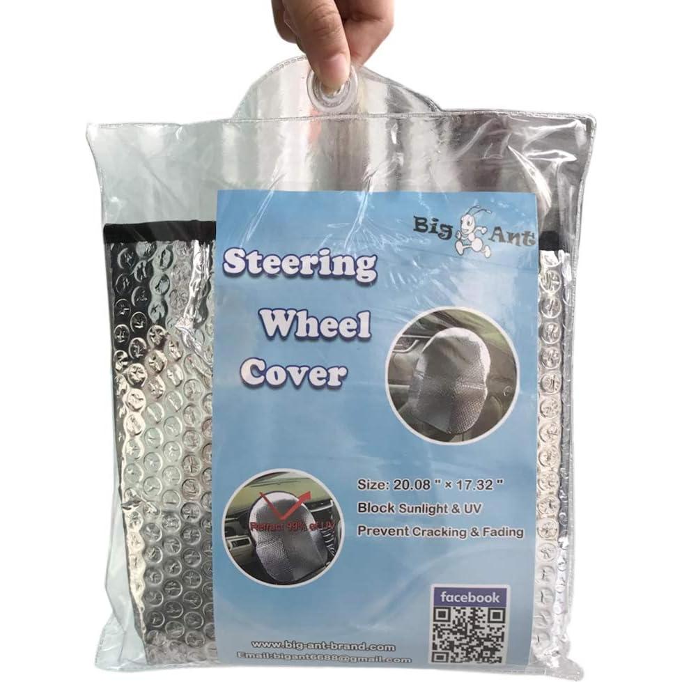 Big Ant Steering Wheel Cover Sun Shade + Bonus Side Window Sunshade-Heat Reflector Fit Most Jumbo/Standard Car-Sliver (20.1"X 17.3")