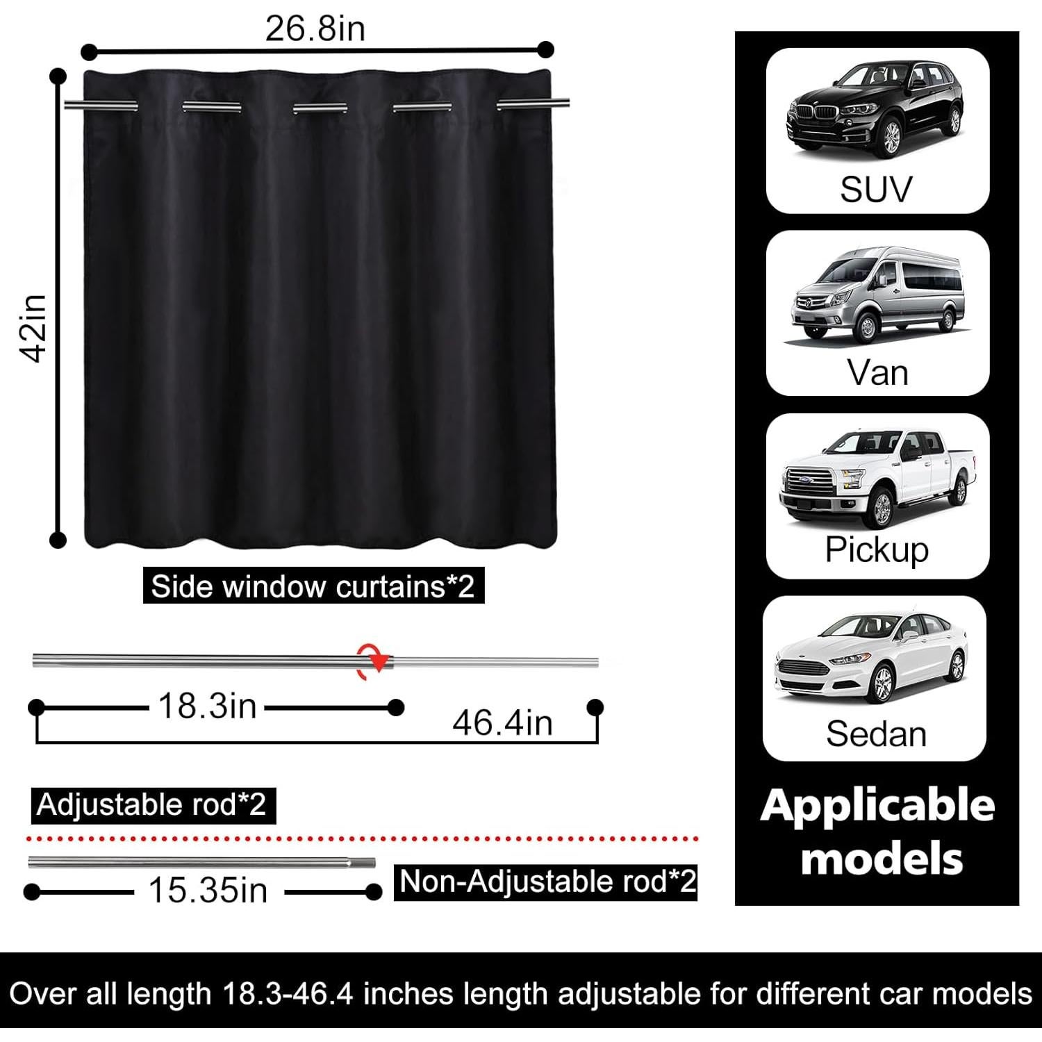 Cortinas para Ventanas de Auto XCBYT - 2 Pcs, 99% Bloqueo Luz