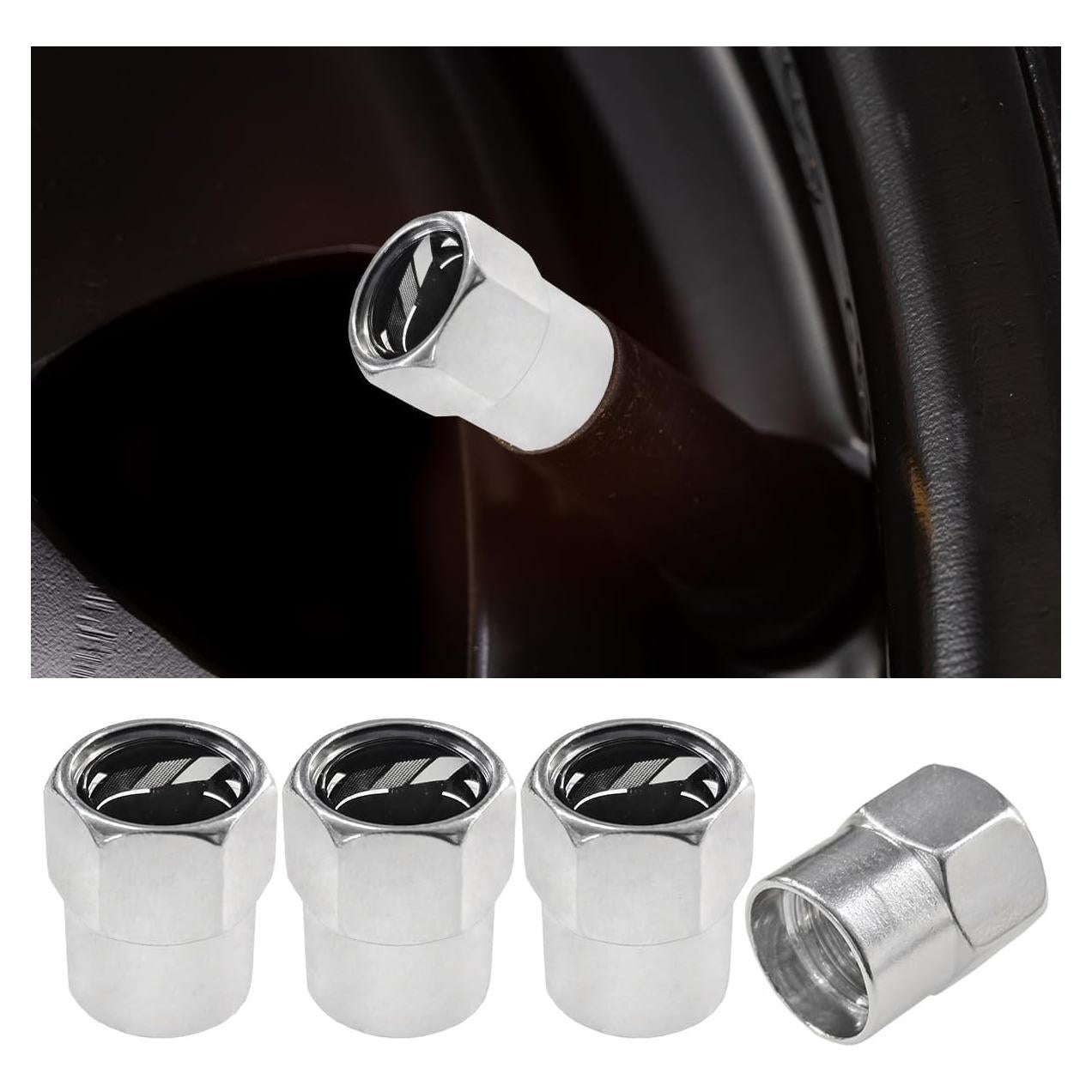 4PCS Metal Car Tire Valve Stem Caps, Aluminum Alloy Corrosion Resistance Wheel Tire Valve Stem Cover with O Rubber Ring, Universal DustProof Tire Air Valve Cap for Car Truck Motorcycle (Silver/Black)