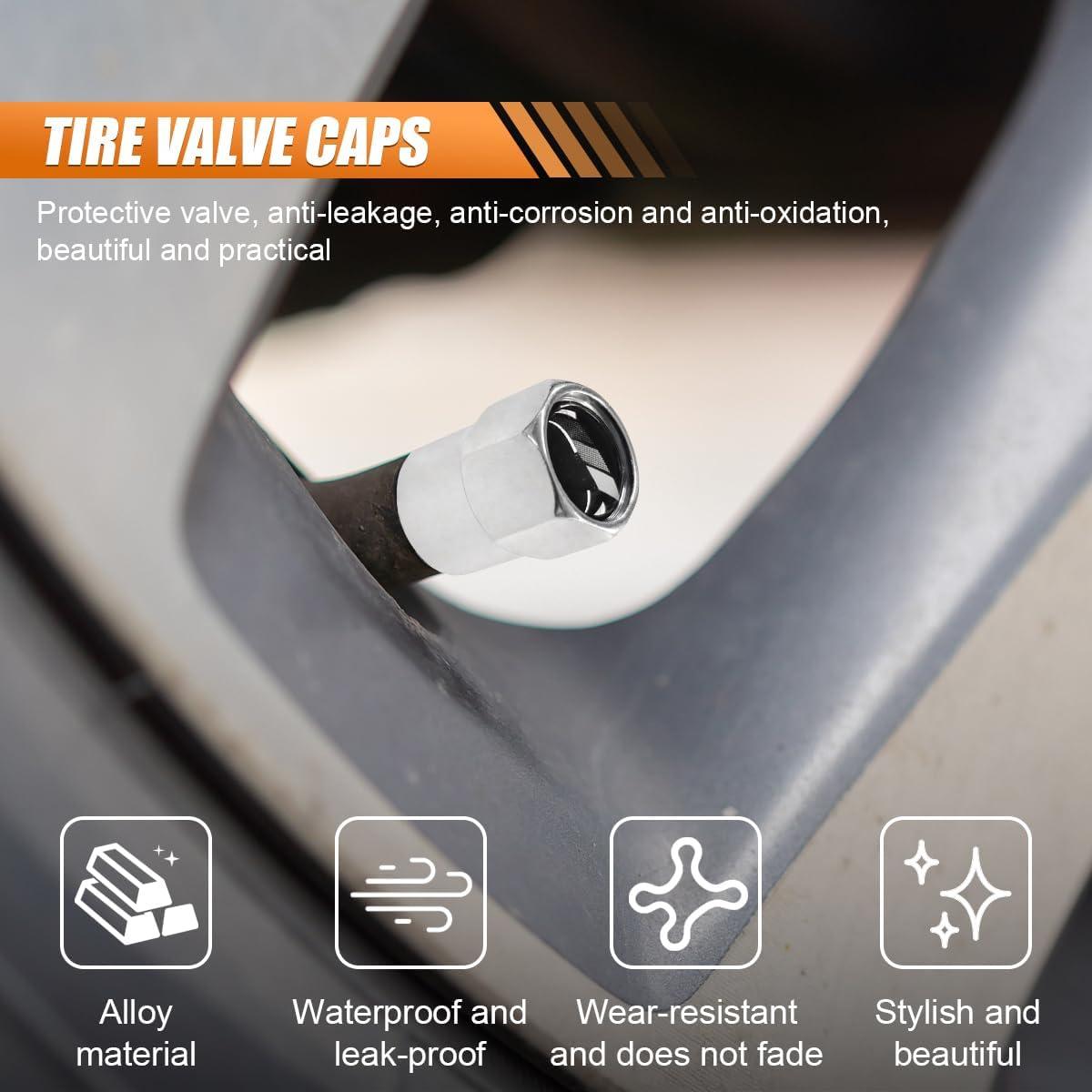 4PCS Metal Car Tire Valve Stem Caps, Aluminum Alloy Corrosion Resistance Wheel Tire Valve Stem Cover with O Rubber Ring, Universal DustProof Tire Air Valve Cap for Car Truck Motorcycle (Silver/Black)