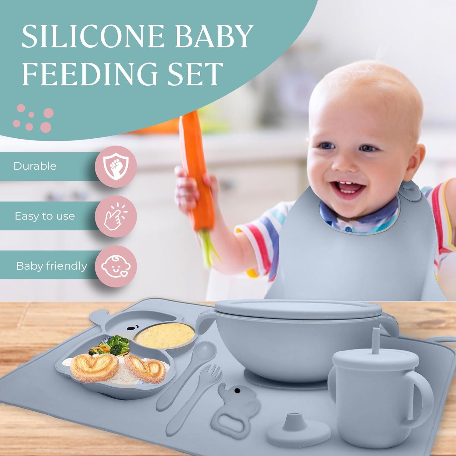 Juego de Alimentación de Silicona Elefante SiliAnimal - Incluye Tapete, Baberos, Cucharas y Cuencos