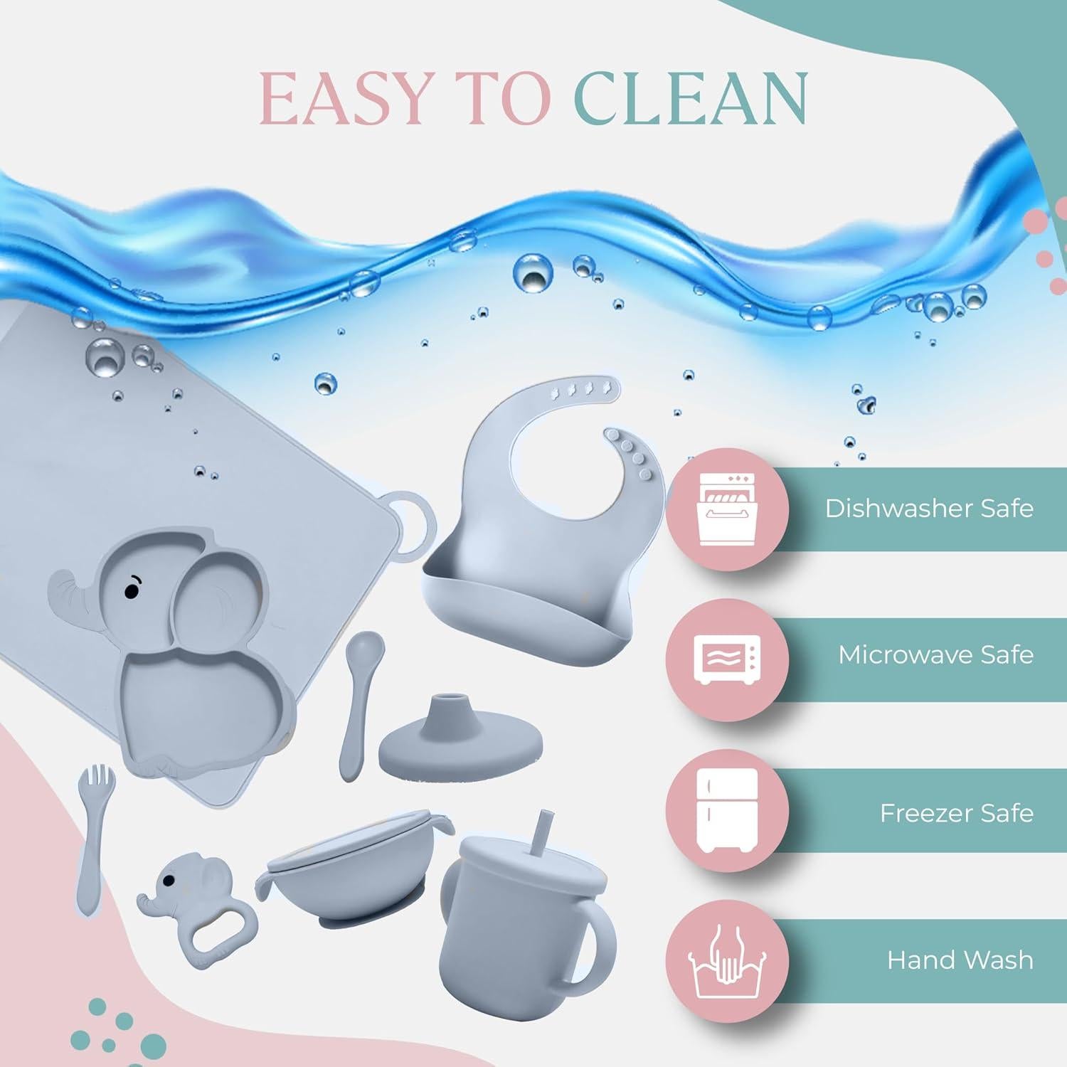 Juego de Alimentación de Silicona Elefante SiliAnimal - Incluye Tapete, Baberos, Cucharas y Cuencos