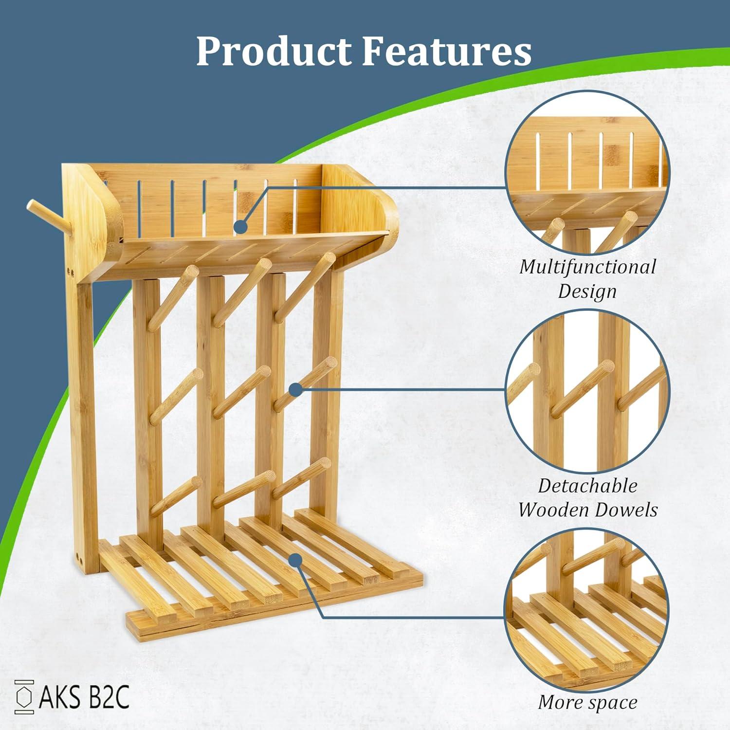 Secador de Botellas de Bebé AKS B2C de Bambú Natural, 9 Botellas