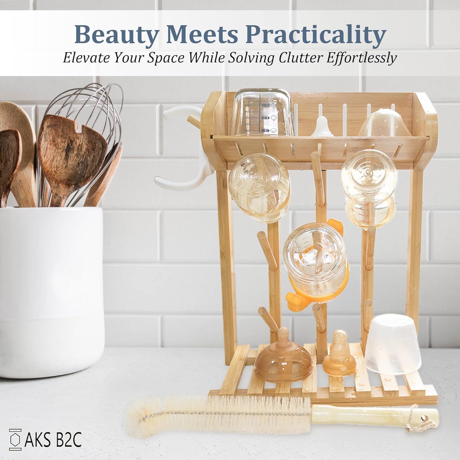 Secador de Botellas de Bebé AKS B2C de Bambú Natural, 9 Botellas