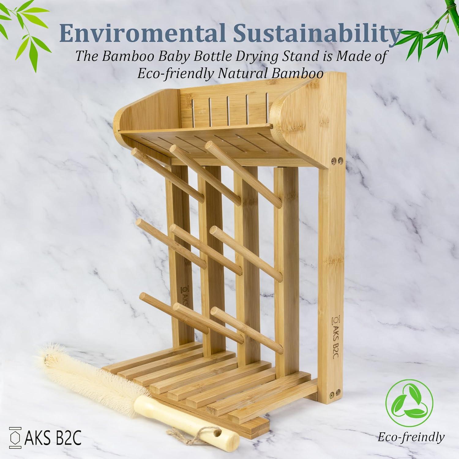 Secador de Botellas de Bebé AKS B2C de Bambú Natural, 9 Botellas