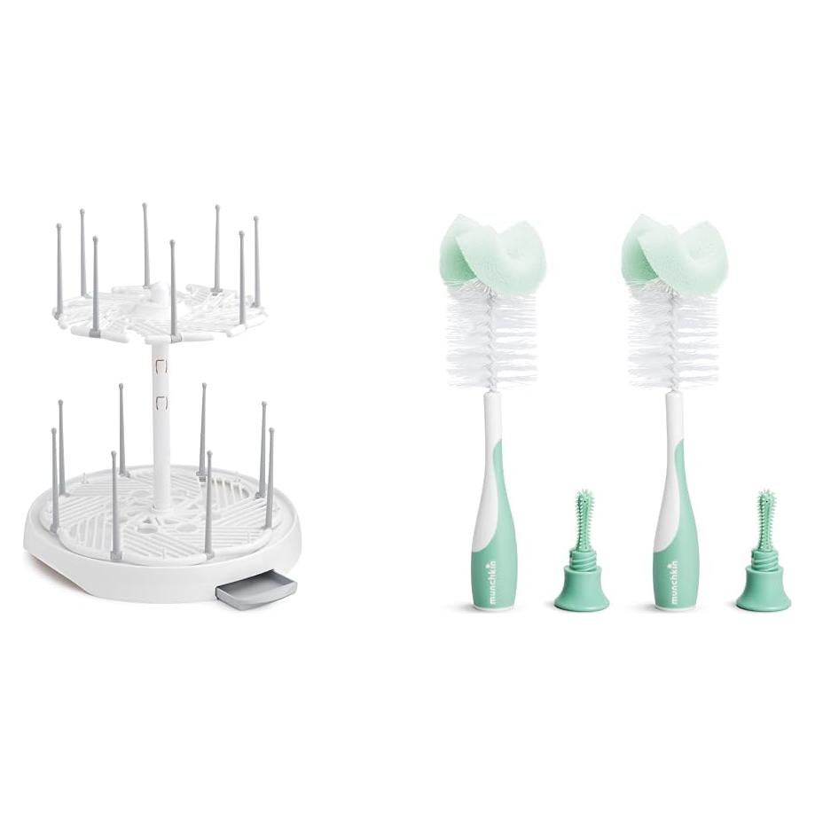 Soporte de Secado de Biberones Munchkin + 2 Cepillos Blancos