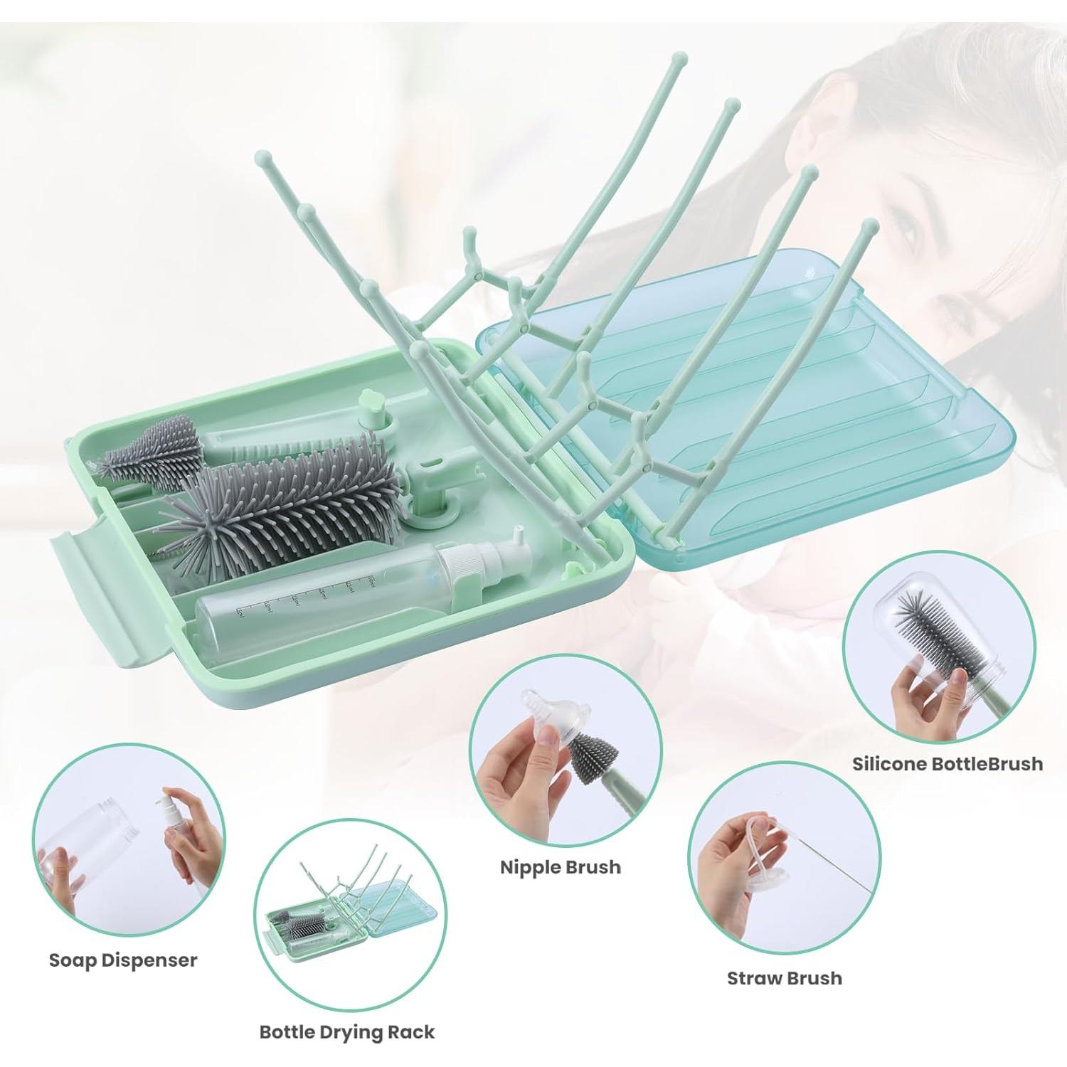 Kit Limpiador de Botellas Rrwin 6 en 1 con Estante Secado Verde