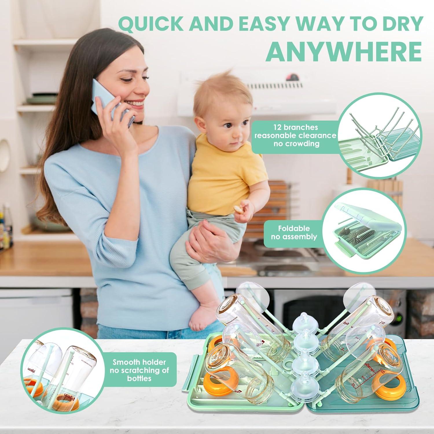 Kit Limpiador de Botellas Rrwin 6 en 1 con Estante Secado Verde