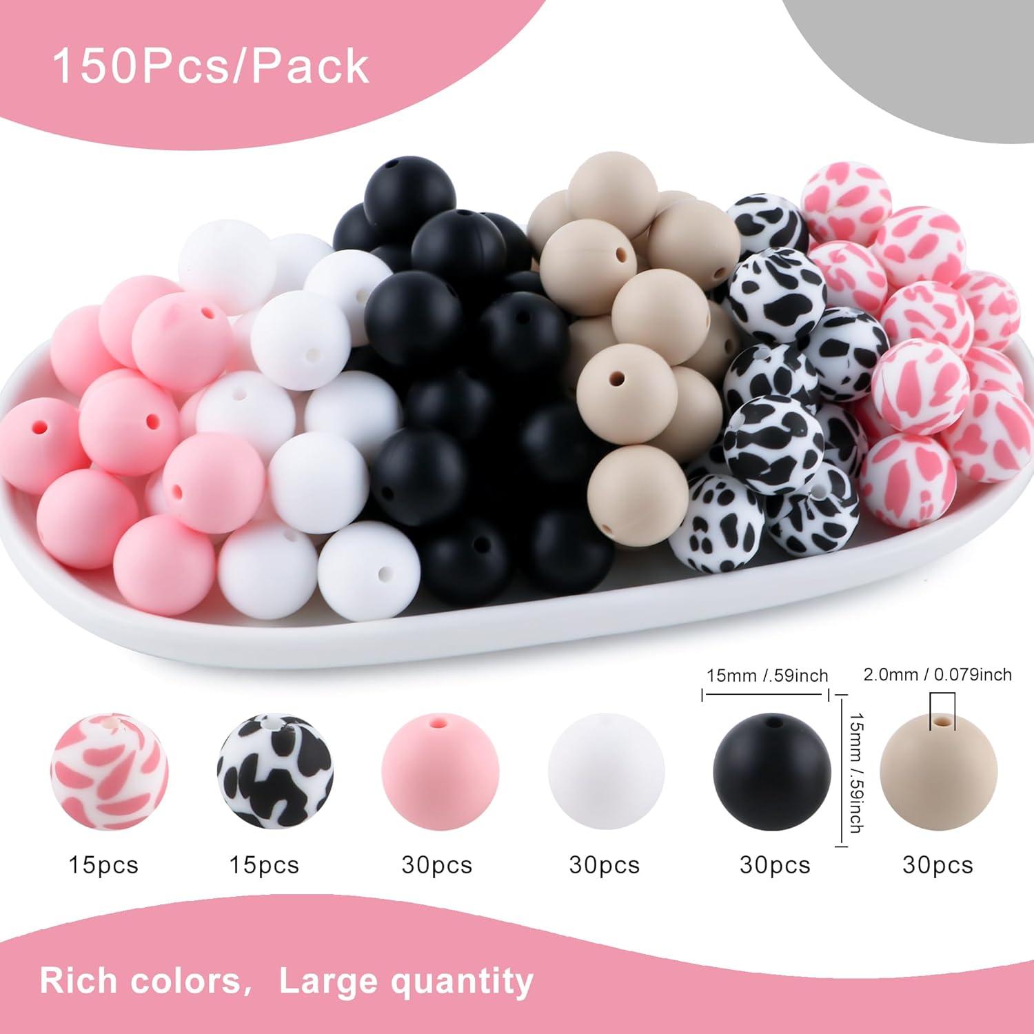 150 Perlas de Silicona 15mm HHCFAST Vaca Negra y Rosa