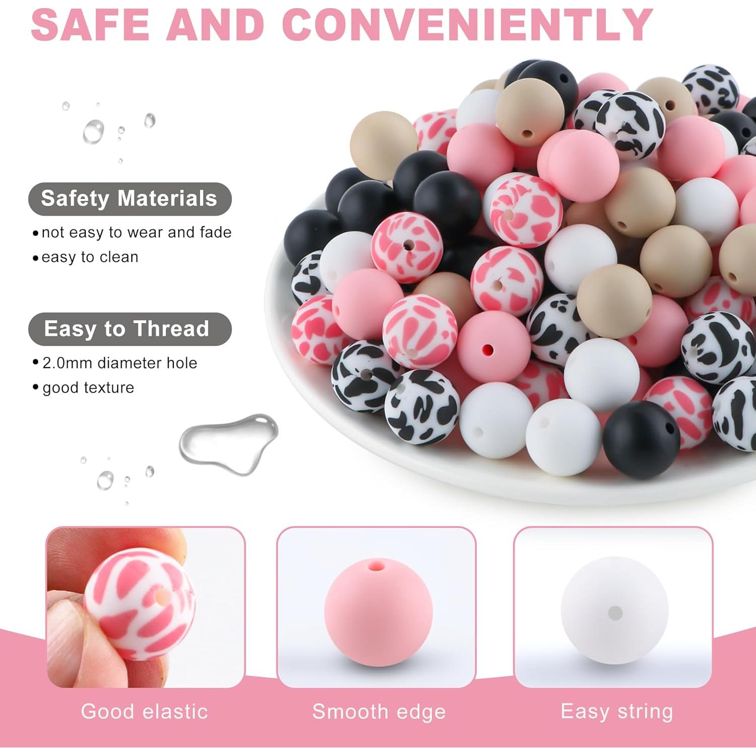 150 Perlas de Silicona 15mm HHCFAST Vaca Negra y Rosa