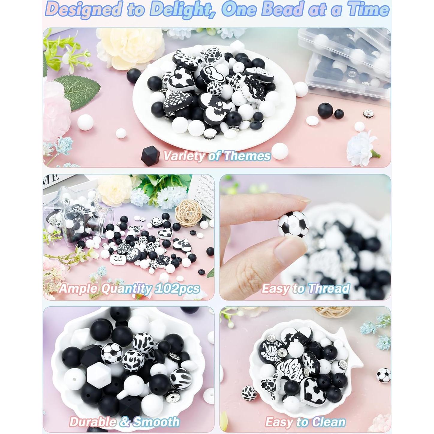 106 Perlas de Silicona FIVEIZERO Negras y Blancas para DIY