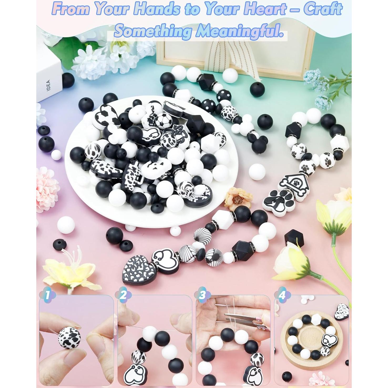 106 Perlas de Silicona FIVEIZERO Negras y Blancas para DIY