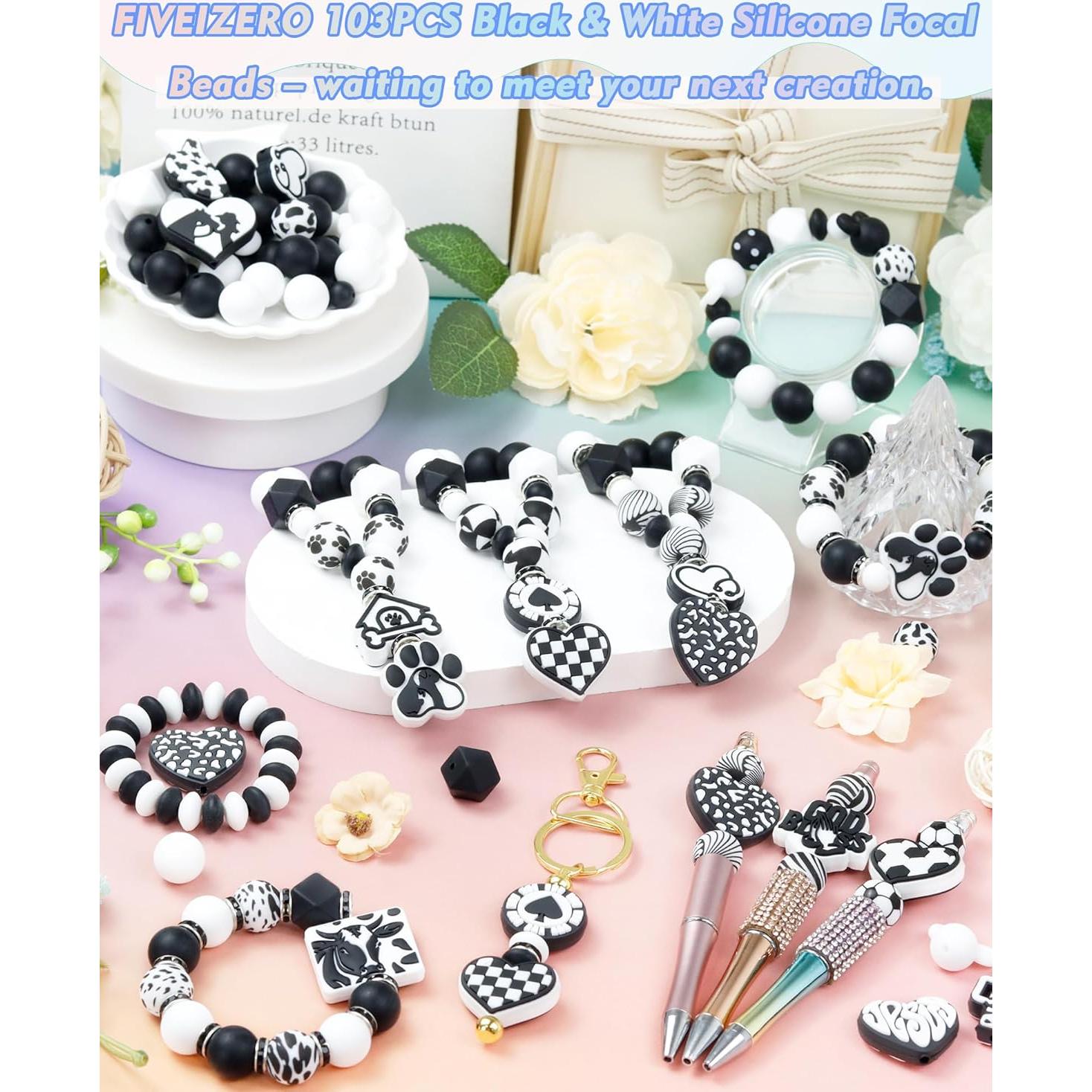 106 Perlas de Silicona FIVEIZERO Negras y Blancas para DIY