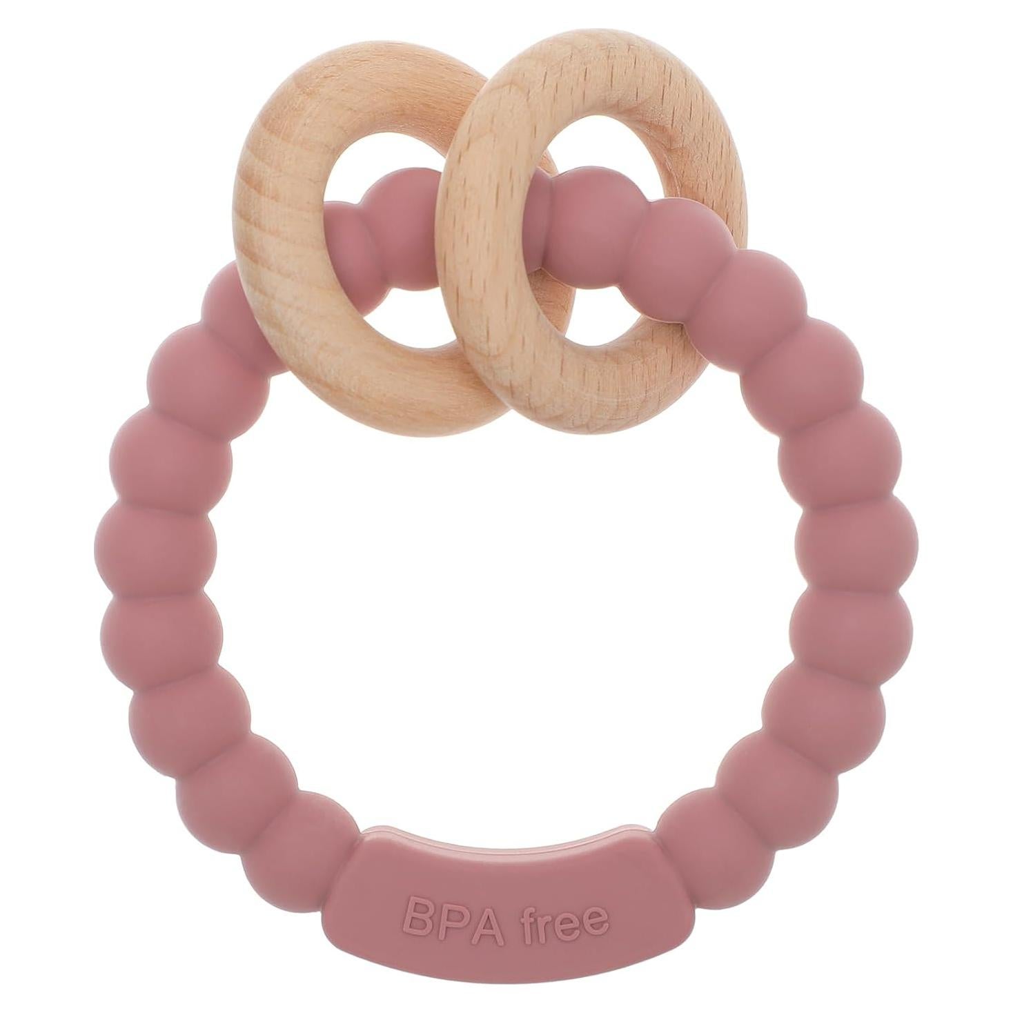 Anillo de Dentición para Bebés DB-0822 Silicona y Haya Rosa