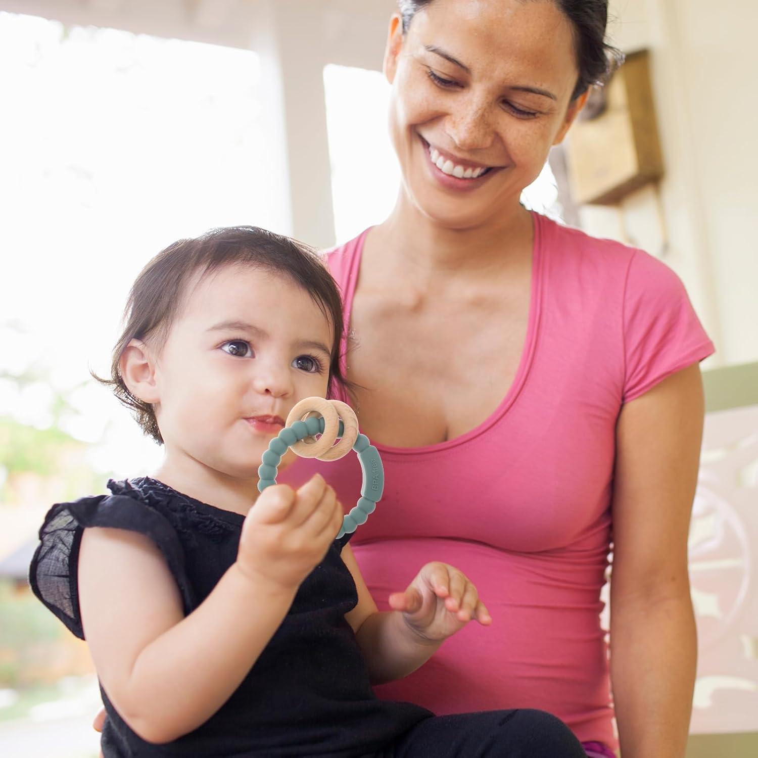 Anillo de Dentición para Bebés DB-0822 Silicona y Haya Rosa