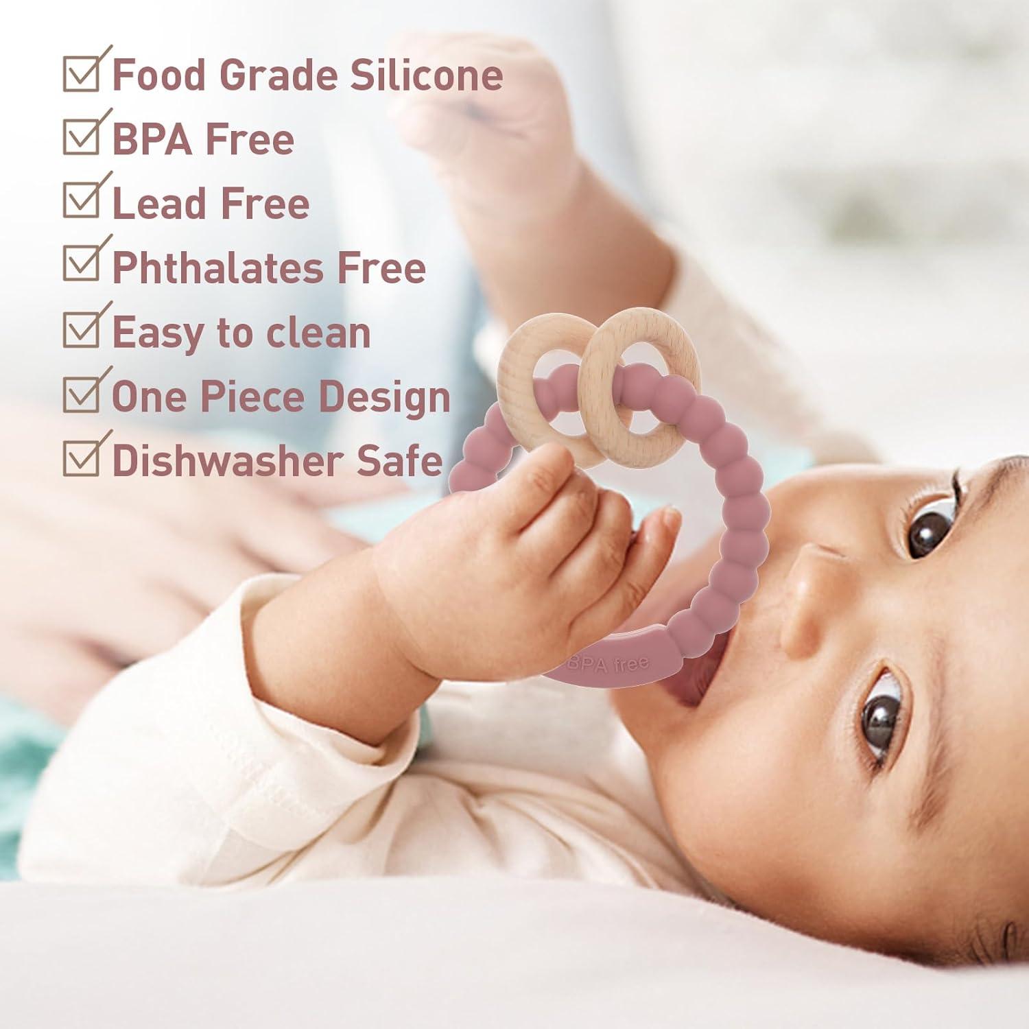 Anillo de Dentición para Bebés DB-0822 Silicona y Haya Rosa