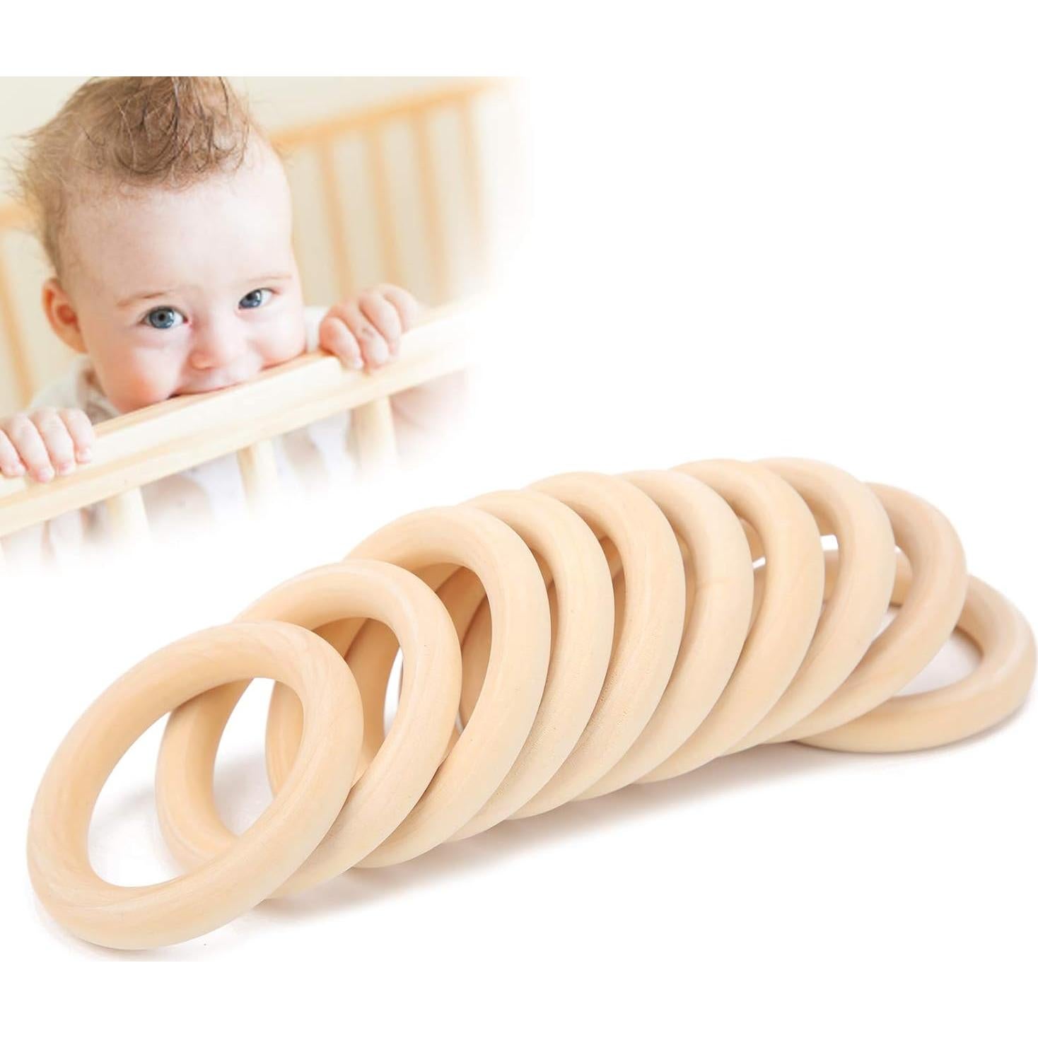 10 Anillos de Dentición de Madera para Bebés 65mm Ecológicos