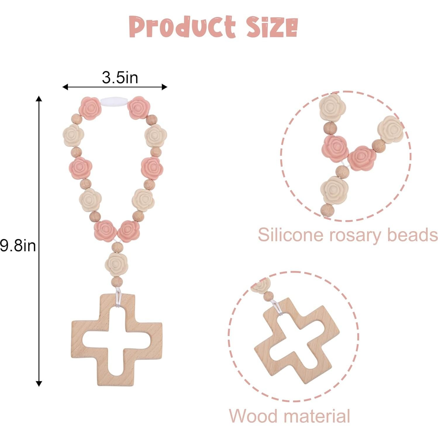 Rosario de Silicona Rosa YOUAME con Cruz de Madera para Bautizo