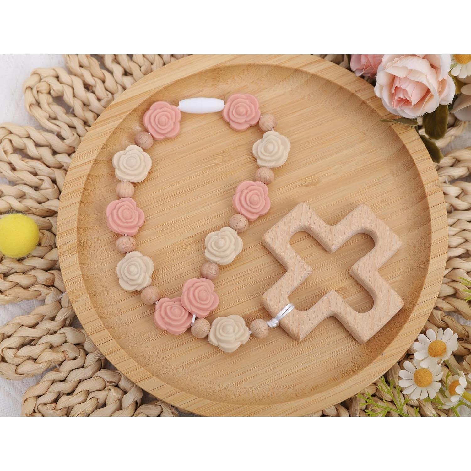 Rosario de Silicona Rosa YOUAME con Cruz de Madera para Bautizo