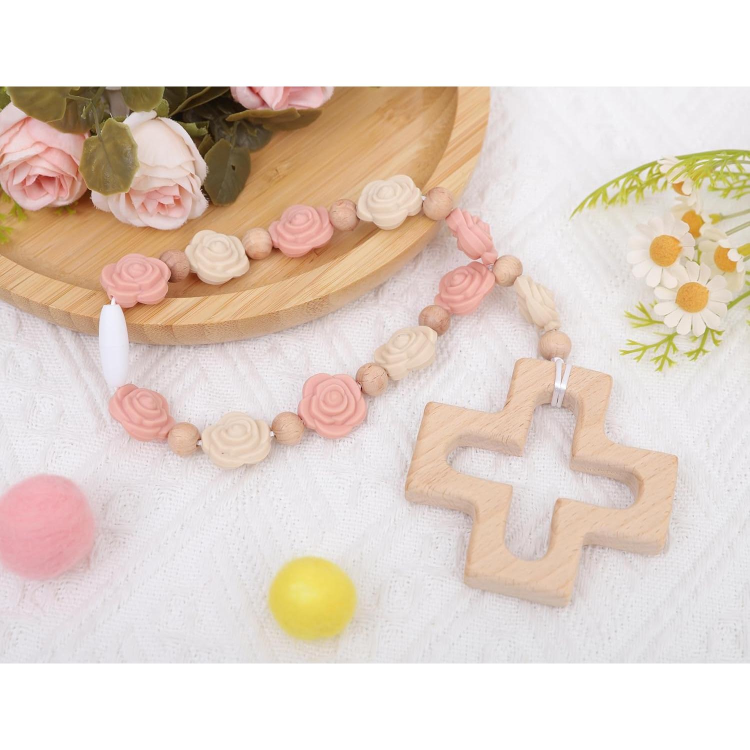 Rosario de Silicona Rosa YOUAME con Cruz de Madera para Bautizo