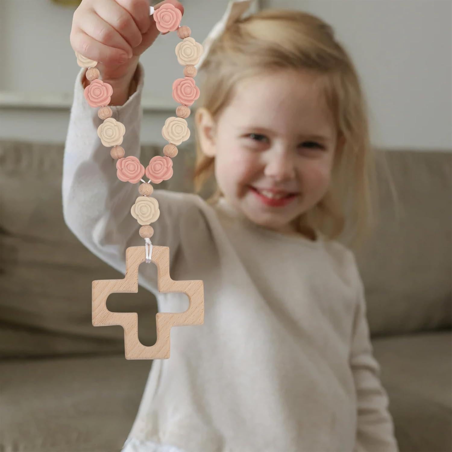 Rosario de Silicona Rosa YOUAME con Cruz de Madera para Bautizo