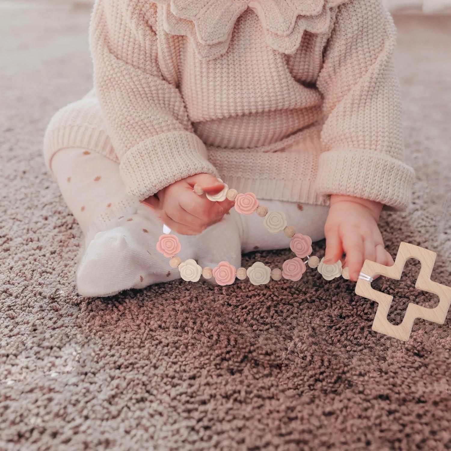 Rosario de Silicona Rosa YOUAME con Cruz de Madera para Bautizo
