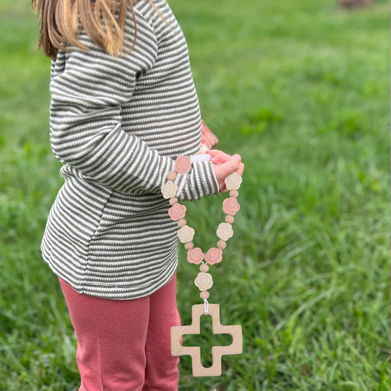 Rosario de Silicona Rosa YOUAME con Cruz de Madera para Bautizo