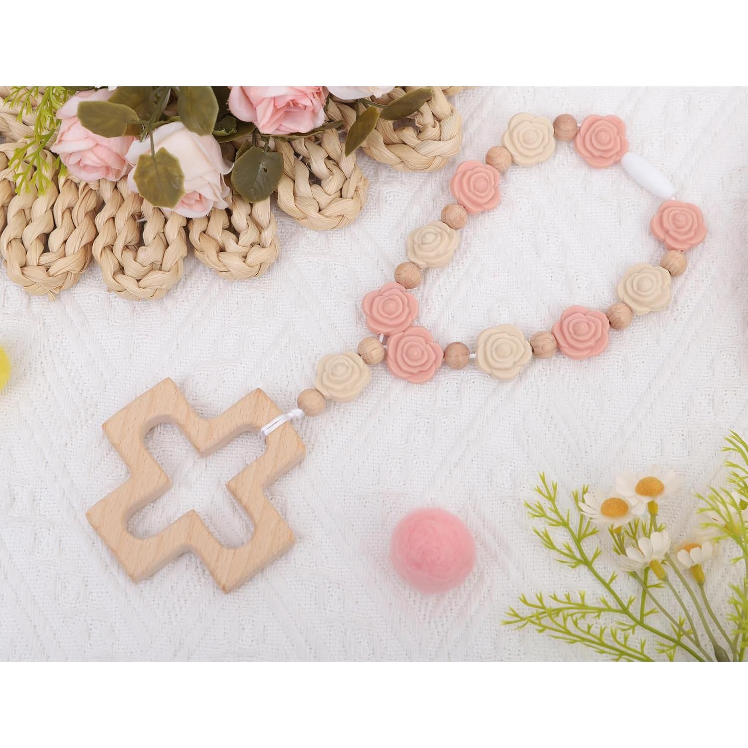 Rosario de Silicona Rosa YOUAME con Cruz de Madera para Bautizo