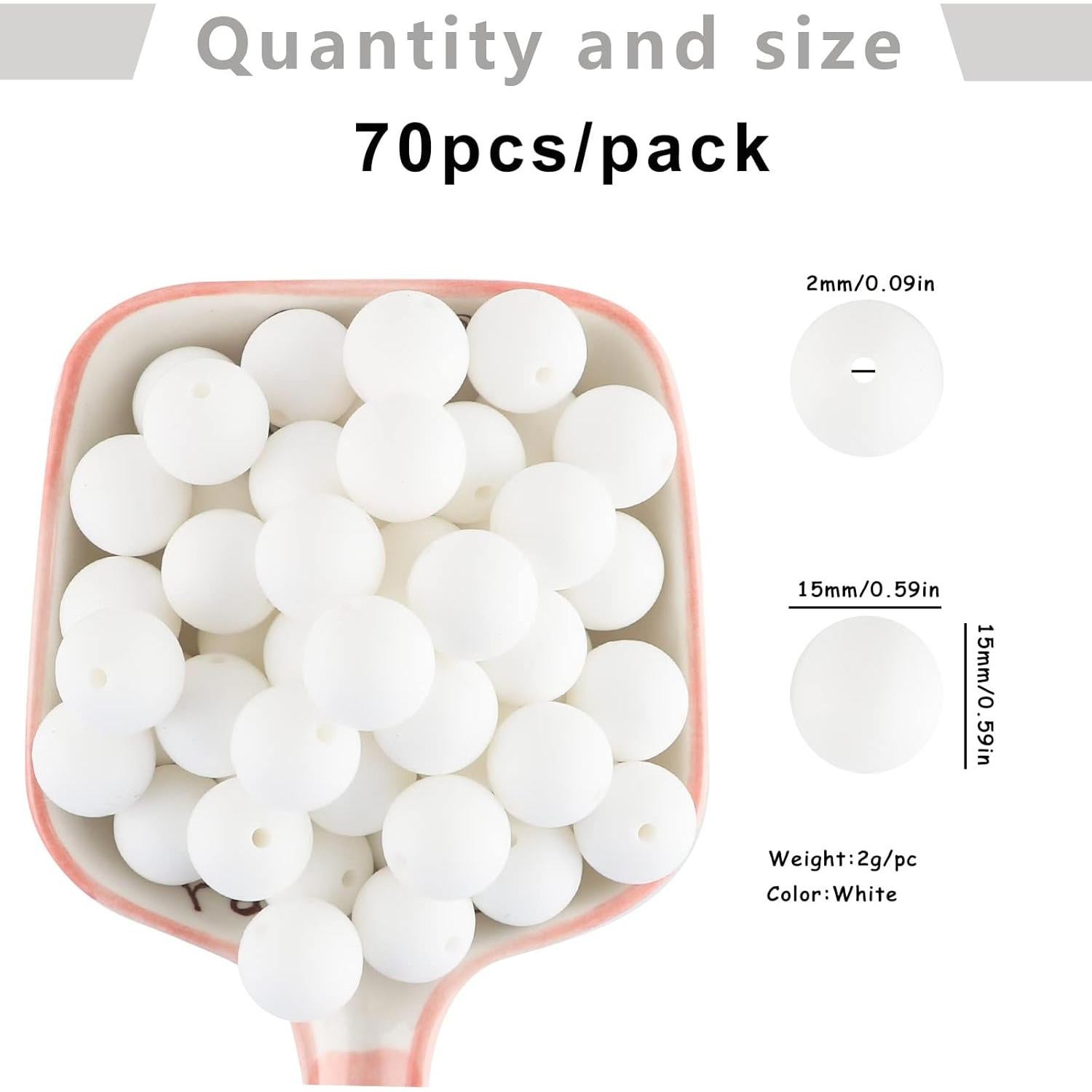Sunrony 70pcs Silicone Beads for Keychain Making Necklace, Bulk Round 15mm Silicone Beads for Pens (White)