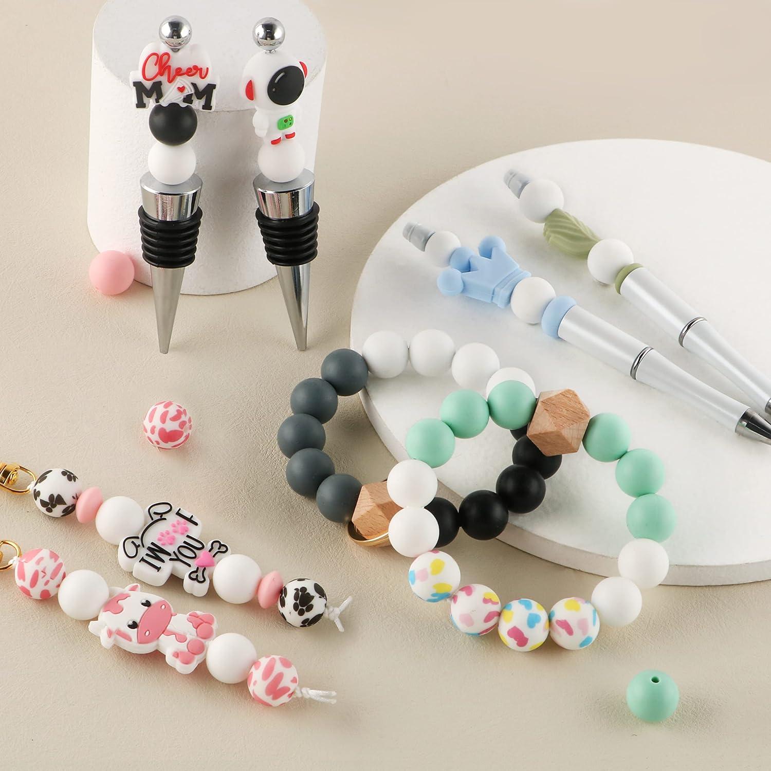 Sunrony 70pcs Silicone Beads for Keychain Making Necklace, Bulk Round 15mm Silicone Beads for Pens (White)