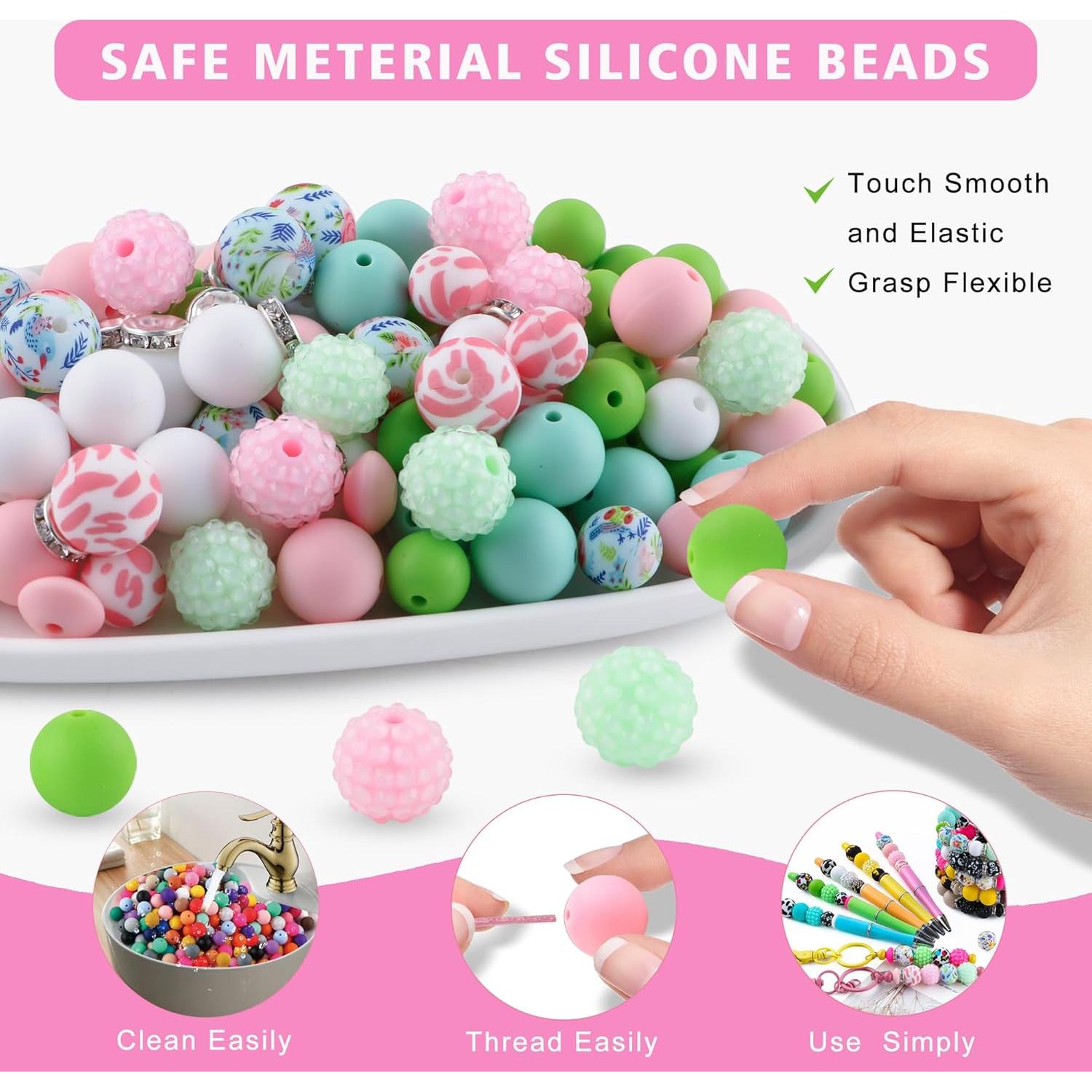 Sunrony 118 Piezas Perlas de Silicona Rosa Blanca Verde para Manualidades