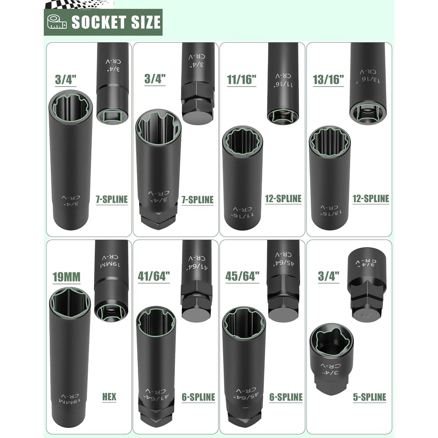 Juego de 8 Piezas de Enchufe para Tuercas Glorider SAE y Métrico