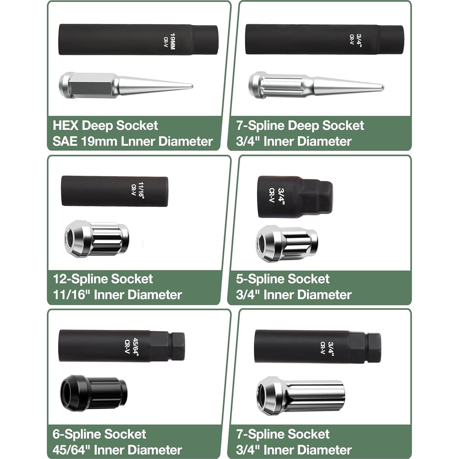 Juego de 8 Piezas de Enchufe para Tuercas Glorider SAE y Métrico