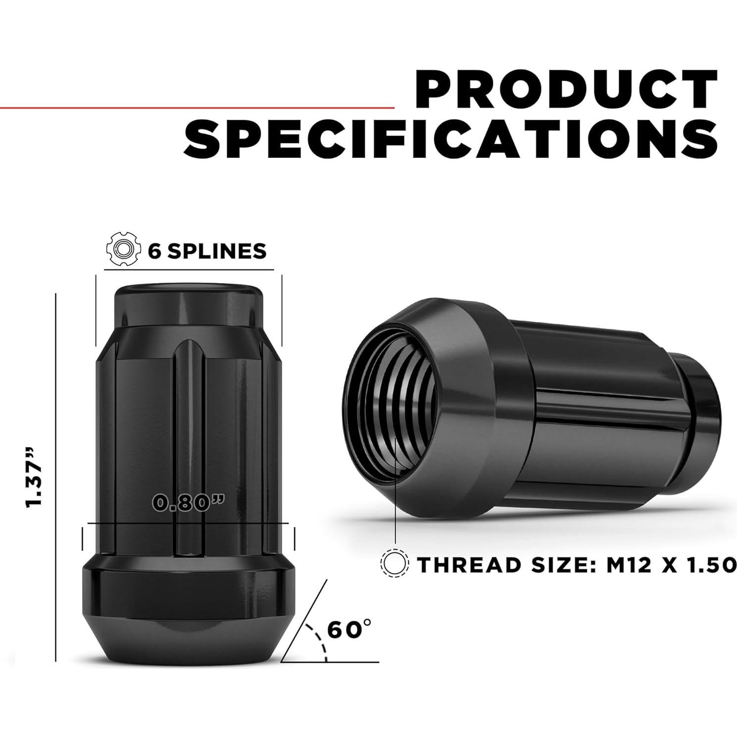 Tuerca de Rueda Cromada Negra M12x1.50 White Knight - Paquete de 4