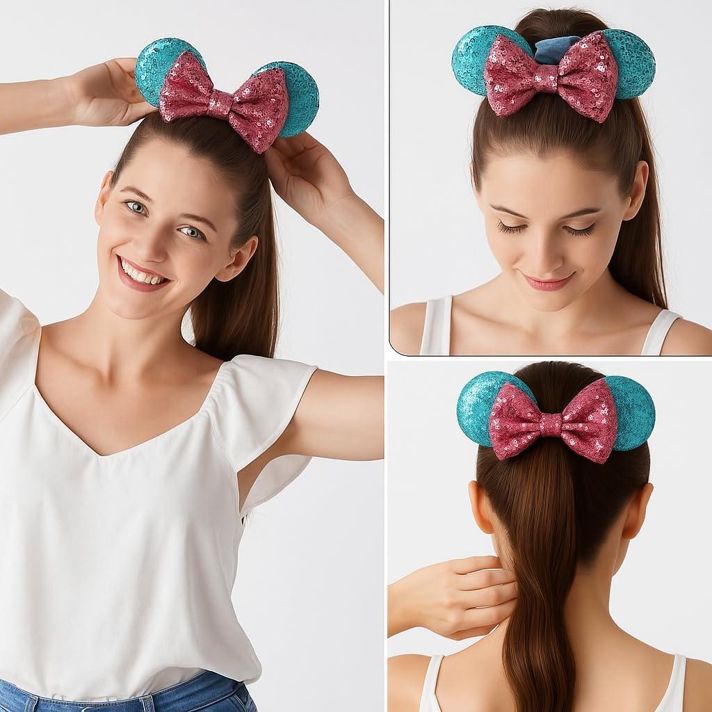 Set de 2 Diademas de Orejas de Ratón con Moño Brillante Rosa
