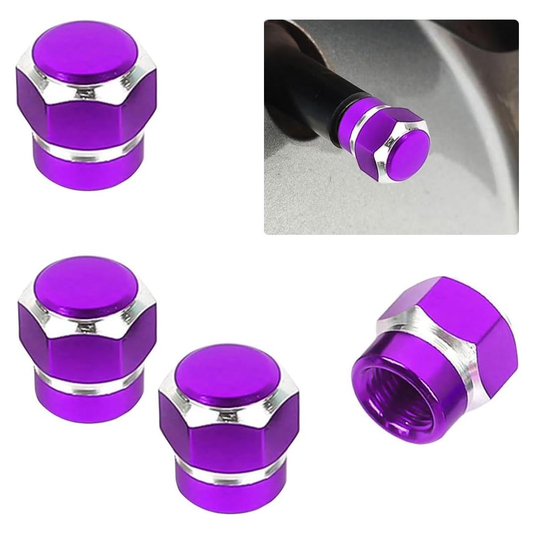 4PCS Car Tire Valve Stem Caps, Aluminum Alloy Tire Valve Caps, Dustproof Waterproof Hexagon Shape Car Stem Covers, Automotive Wheel Air Cap for Truck, SUV, Bike, Motorcycle (Purple)